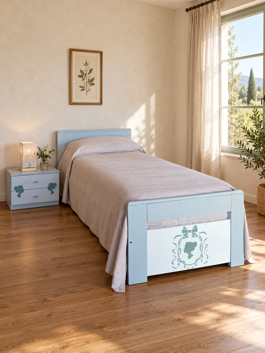 Letto e comodino Cameo in una camera spaziosa